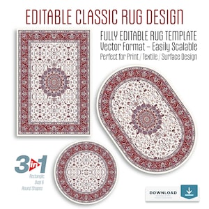 May include: An image showcasing three rug designs: rectangular, oval, and round. Each rug features a classic pattern with a white background, a central medallion, and a red border. The text "EDITABLE CLASSIC RUG DESIGN" is at the top.