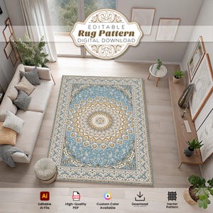 以下が含まれることがあります： リビングルームに置かれた、装飾的な花柄の、水色とベージュのラグ。 ラグは中央にメダリオンのデザインと装飾的なボーダーが特徴です。 画像には「Editable Rug Pattern Digital Download」というテキストが含まれています。