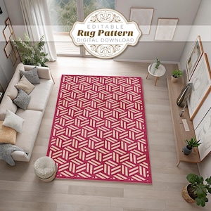 Könnte beinhalten: Ein roter Teppich mit einem geometrischen Muster aus cremefarbenen Formen. Der Teppich ist rechteckig und bedeckt einen großen Teil des Bodens. Das Bild enthält auch ein Sofa, einen Beistelltisch und den Text "Editable Rug Pattern Digital Download."