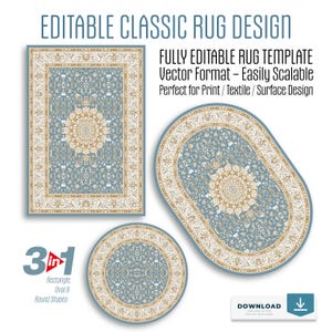 May include: A digitally created image showcasing three rug designs: rectangular, oval, and round. Each rug features a light blue background with a detailed beige and white floral pattern. The text "EDITABLE CLASSIC RUG DESIGN" is at the top.