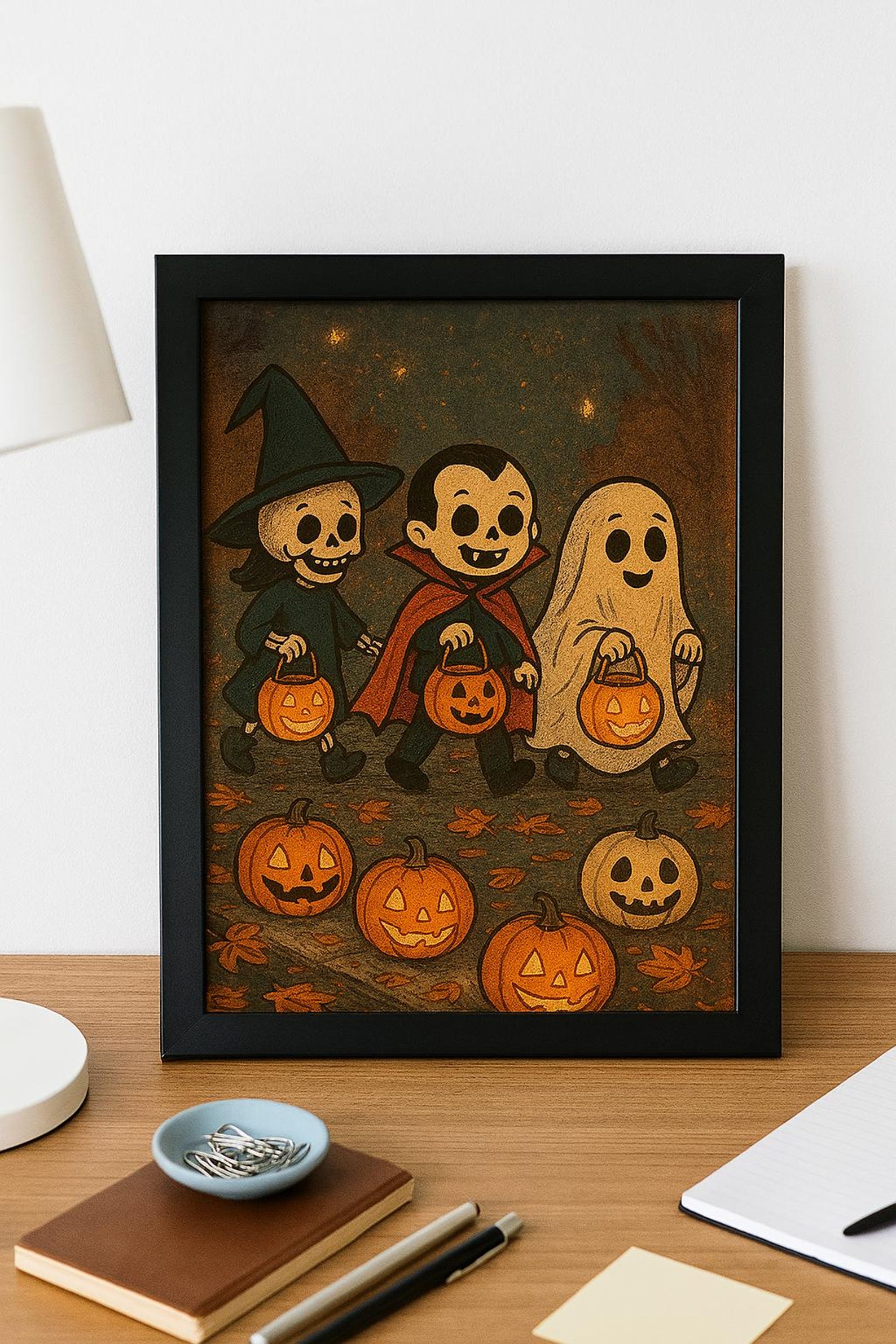 Whimsical Halloween Kids Art Print: Skeleton Witch, Vampire & Ghost - Etsy