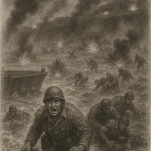 Storming Omaha: Emotionale Graphitzeichnung der Landung am D-Day (1944) – Wandkunst aus dem Zweiten Weltkrieg