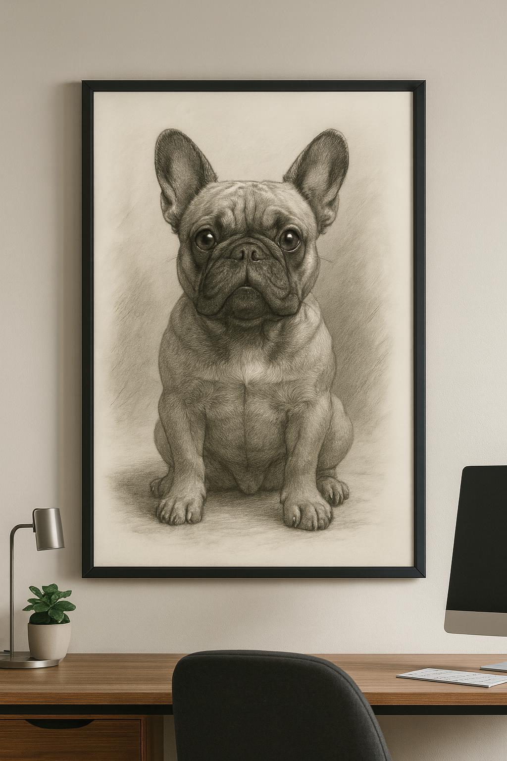 フレンチブルドッグのグラファイト画：リアルなペットの肖像画アート