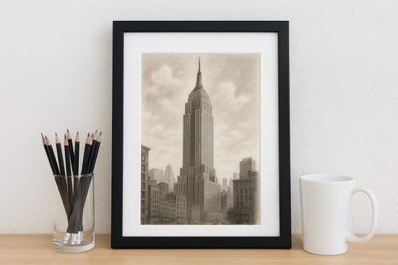 エンパイア・ステート・ビルのアートプリント：グラファイト鉛筆画