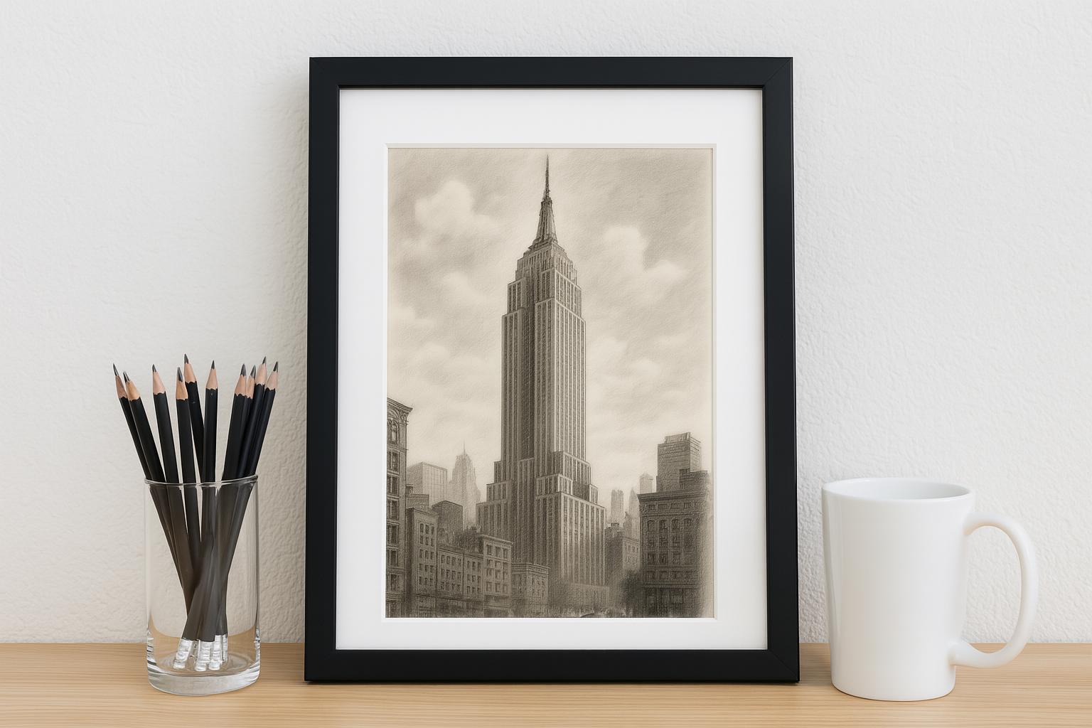 エンパイア・ステート・ビルのアートプリント：グラファイト鉛筆画