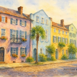 Watercolor Painting of Rainbow Row Charleston SC – Pastel Historic Homes Wall Art