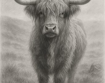 Highland Cow Print: Misty Scottish Landscape Graphite Drawing (Digital Download
