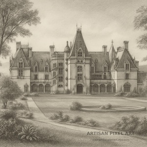 May include: A sepia-toned pencil sketch of a grand, multi-story mansion with multiple gabled roofs, chimneys, and arched windows. The building is set on a manicured lawn with trees and a circular fountain. The text "ARTISAN PIXEL ART" is at the bottom.