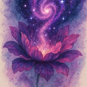 Cosmic Bloom Galaxy Flower Print – Surreal Watercolor Wall Art with Glowing Stars, Boho Spiritual Decor