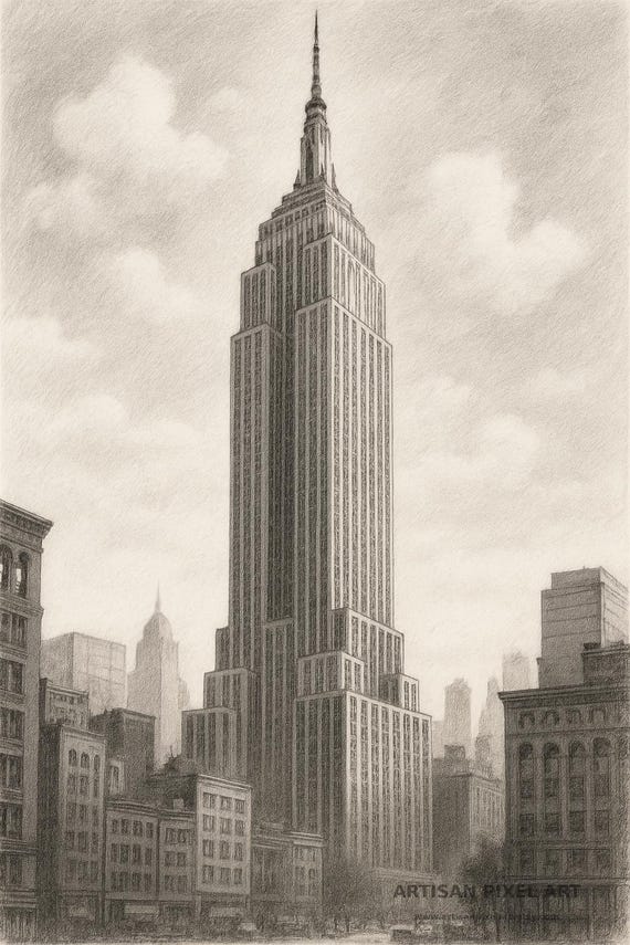 エンパイア・ステート・ビル 鉛筆画 エンパイア・ステート・ビルのアートプリント：グラファイト鉛筆画