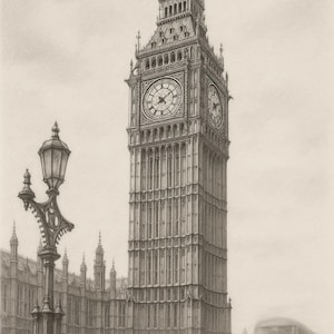 Dessin au graphite de Big Ben London – Impression d&#39;art au crayon noir et blanc Elizabeth Tower – Décoration murale monument britannique Croquis d&#39;architecture au Royaume-Uni