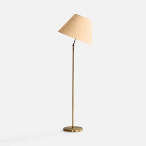1940s Swedish Floor Lamp: Brass & Fabric, Gold Base, White Shade