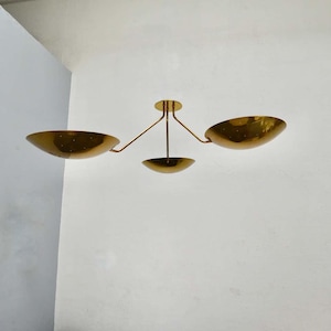 Three Arms 3 Lights Brass Curved Chandelier Raw Brass Ceiling Light Fixture by Orbrix Lightings