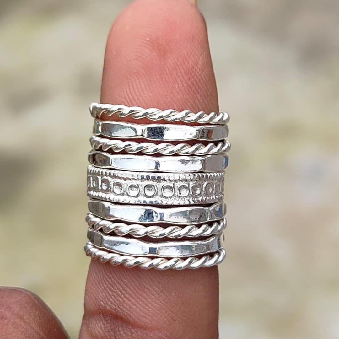 Sundance Stackable Rings Set Sterling Silver 9 Stackable Rings Set, Thin Textured Stacking Ring ...