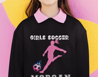 Personalized Girls Soccer Youth Crewneck Sweatshirt, Kids Sports Gift, Custom Name, Practice & Game Wear