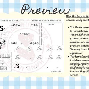 May include: A handwriting and phonics booklet preview with the word "Preview" in cursive. The booklet features handwriting practice, letter examples, and illustrations of a sandwich and a snake. Text explains the booklet's use for teachers and parents.