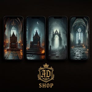 May include: Four smartphones displaying gothic-themed digital art. Each screen shows a different image of a throne room, archway, or path, all with a dark, atmospheric aesthetic. The images feature ornate details, candlelight, and a crescent moon. The AD Shop logo is at the bottom.