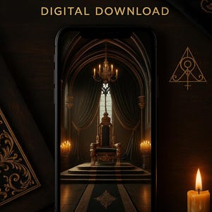 Può includere: Un prodotto digitale scaricabile con 12 sfondi gotici. L'immagine mostra uno smartphone che mostra un interno gotico con un trono, candele e un lampadario. Il testo "12 GOTHIC WALLPAPERS BUNDLE DIGITAL DOWNLOAD" è visualizzato.