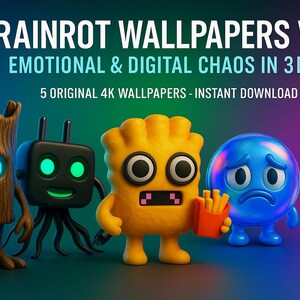 May include: Digital art featuring five 3D cartoon characters with expressive faces. The characters are in various colors, including brown, black, yellow, blue, and teal. The image has the text "BRAINROT WALLPAPERS Vol. 2" and "EMOTIONAL & DIGITAL CHAOS IN 3D".
