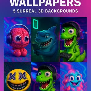 May include: Digital download graphic with the text "BRAINROT WALLPAPERS" and "5 SURREAL 3D BACKGROUNDS." The image displays six colourful, cartoonish characters, including a brain with headphones, a shark, and a green dinosaur. The bottom text reads "DIGITAL DOWNLOAD • 4K SMARTPHONE BUNDLE."