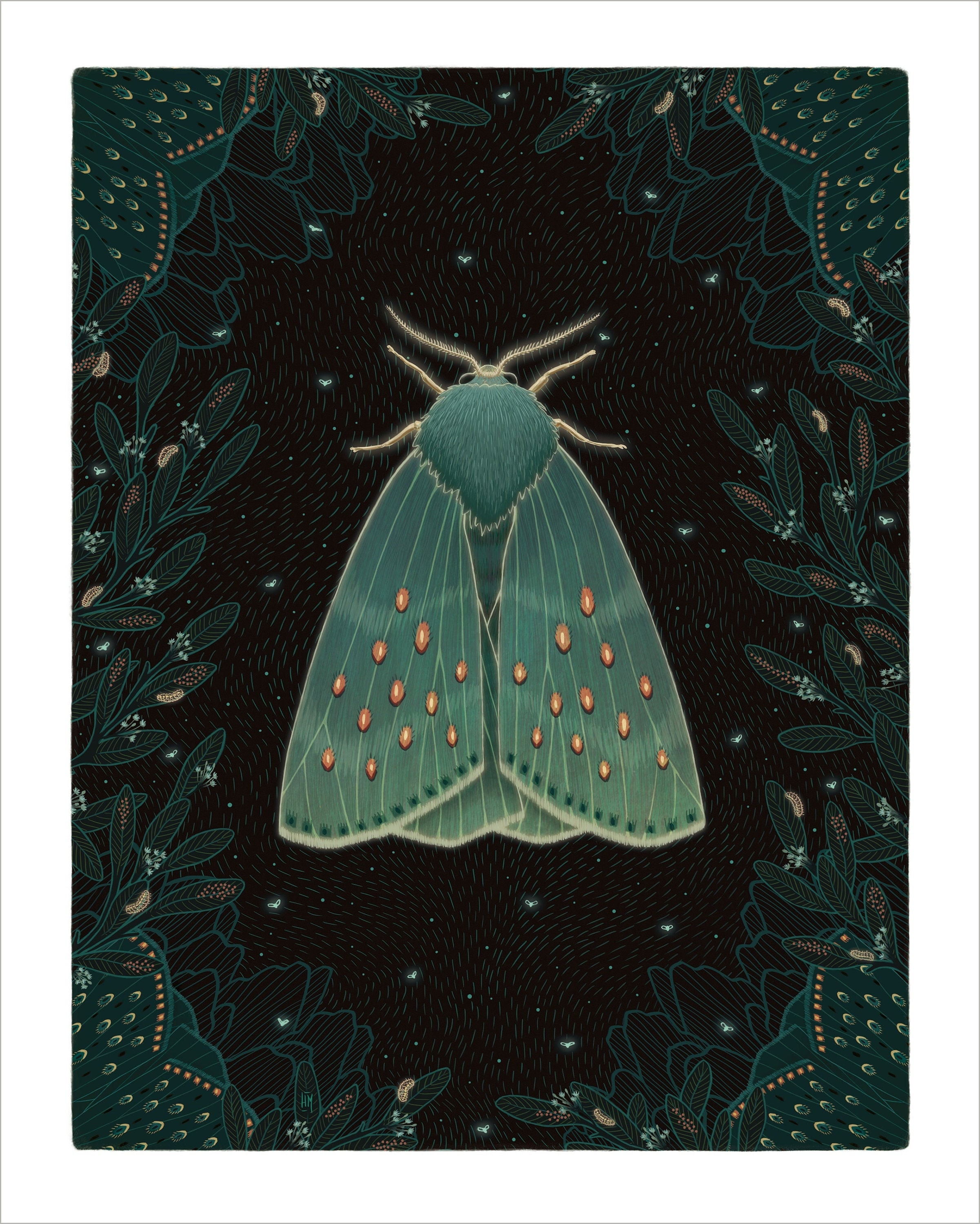 Green moth giclee art print, moth wall art, moth decor, celestial moth
