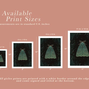 May include: A graphic print of a moth with green wings and white spots on a dark green background. The print is available in five different sizes: 5x7 inches, 8x10 inches, 9x12 inches, 11x14 inches. All prints are printed with a white border and come signed and titled.