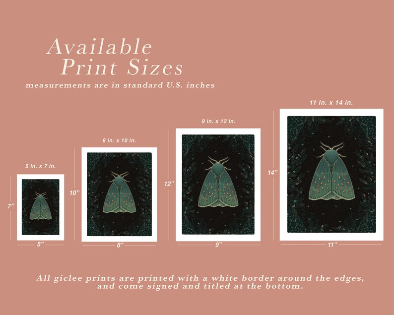 May include: A graphic print of a moth with green wings and white spots on a dark green background. The print is available in five different sizes: 5x7 inches, 8x10 inches, 9x12 inches, 11x14 inches. All prints are printed with a white border and come signed and titled.