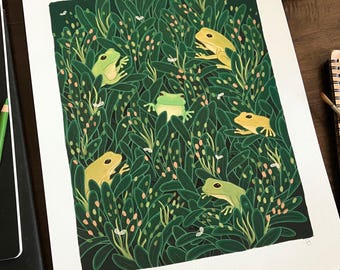 Green frogs giclee art print, tree frogs, frog illustration, frog wall art, frog gift