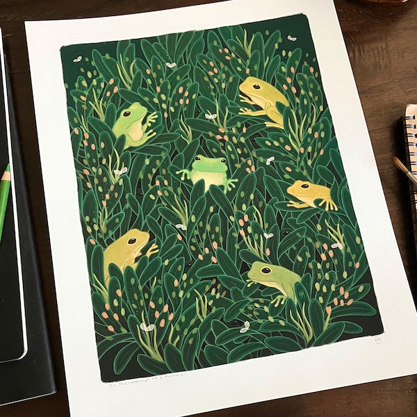 Lámina artística Giclée de rana verde, ilustración de ranas arborícolas, decoración de pared de rana caprichosa