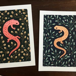 Set of two (2) salamander 5x7 giclee art prints, amphibian art, dark academia, colorful halloween decor