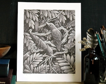 Graphite birds 8x10 giclee art print, Bird drawing, Graphite illustration, Dark academia, Naturalist art