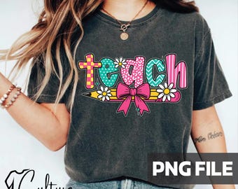 Retro Teacher PNG: Checkered Floral Design with Pink Bow (Digital Download)