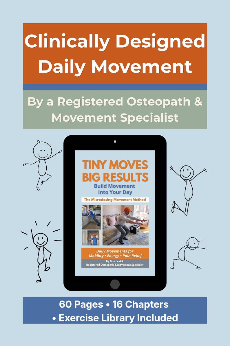 May include: A black tablet shows a book cover with the title "TINY MOVES BIG RESULTS" and the subtitle "Build Movement Into Your Day." The cover includes images of people exercising. The text "Clinically Designed Daily Movement" is at the top. Stick figures are drawn around the tablet.