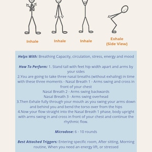 May include: Diagram illustrating the "Breath of Joy" exercise, showing stick figures in various poses. The text explains the steps, benefits, and triggers for the exercise. The exercise is designed to improve breathing capacity and reduce stress.