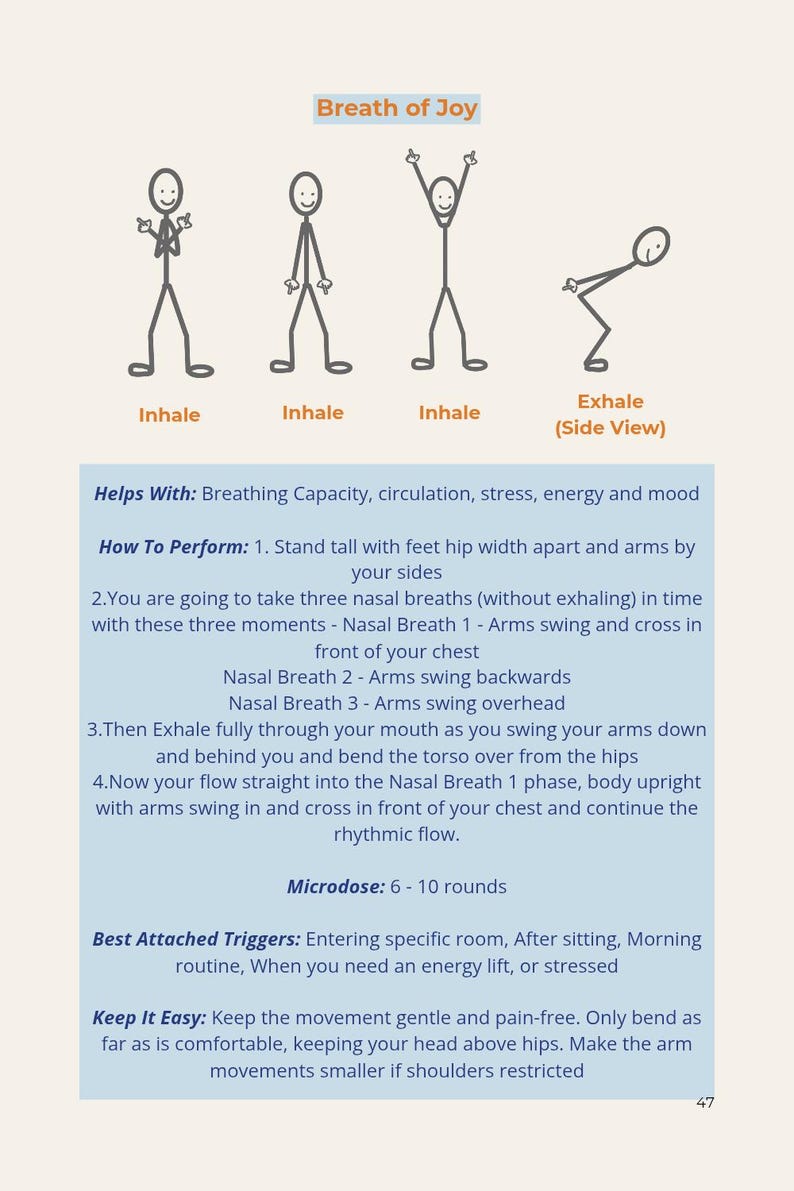 May include: Diagram illustrating the "Breath of Joy" exercise, showing stick figures in various poses. The text explains the steps, benefits, and triggers for the exercise. The exercise is designed to improve breathing capacity and reduce stress.