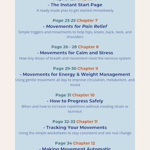 May include: A light blue page titled "Contents Page continued" with a list of chapters and topics, including "Movements for Pain Relief" and "How to Progress Safely". The text is in a clean, easy-to-read font.