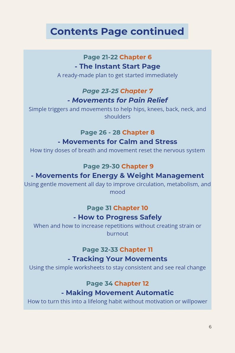 May include: A light blue page titled "Contents Page continued" with a list of chapters and topics, including "Movements for Pain Relief" and "How to Progress Safely". The text is in a clean, easy-to-read font.