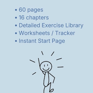 May include: A light blue graphic with the text "What's Included:" and a list of features: 60 pages, 16 chapters, Detailed Exercise Library, Worksheets/Tracker, and Instant Start Page. A stick figure with a smiling face is also included.