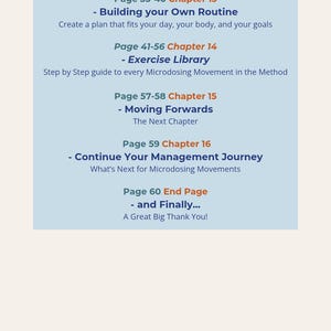 May include: A contents page from a book, set against a light blue backdrop. It details chapter titles and page numbers, such as "Building Your Own Routine" and "Exercise Library." The text is presented in a clear, sans-serif typeface.