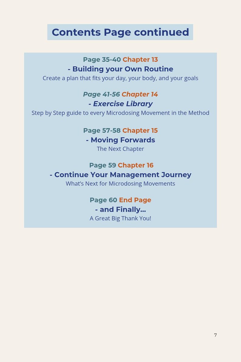 May include: A contents page from a book, set against a light blue backdrop. It details chapter titles and page numbers, such as "Building Your Own Routine" and "Exercise Library." The text is presented in a clear, sans-serif typeface.