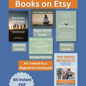 May include: An advertisement for "Move Better Books on Etsy" showcasing guides and eBooks. Titles include "Move Better, Feel Younger," "From Tension to Calm," and "Tiny Moves Big Results." The image also highlights "Mobility & Breathwork Tracker" and "30 Day Planner."
