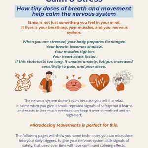 May include: A page from a guide on microdosing movements for calm and stress. The text explains how breath and movement can help calm the nervous system. Illustrations of a brain, person, muscle, heart, and person are included.