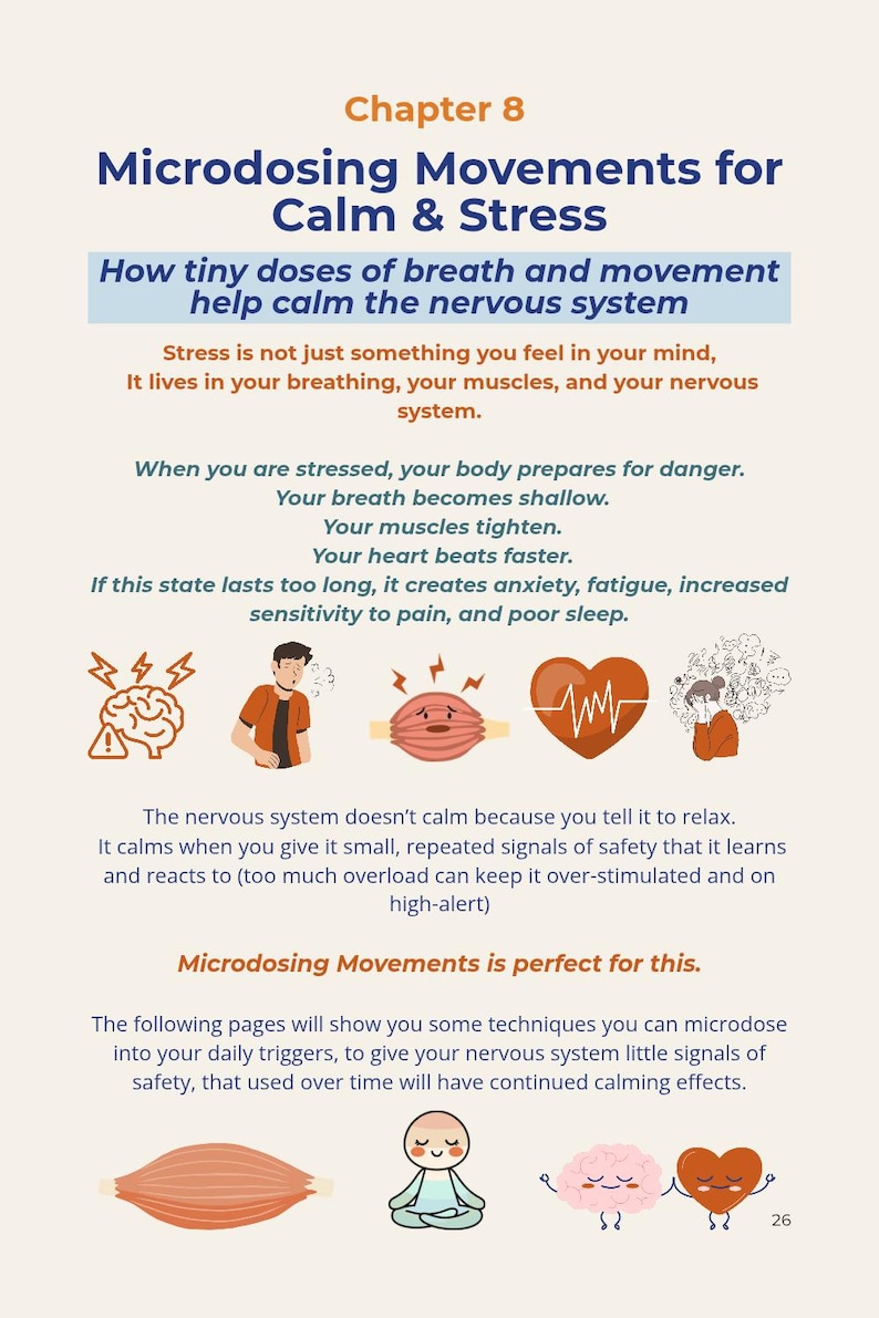 May include: A page from a guide on microdosing movements for calm and stress. The text explains how breath and movement can help calm the nervous system. Illustrations of a brain, person, muscle, heart, and person are included.