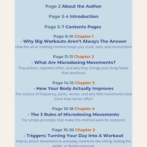 May include: A light blue page from a book titled "Contents Page". The page lists the chapters and topics covered, including medical disclaimers, the author, introduction, and chapters on workouts and movements.