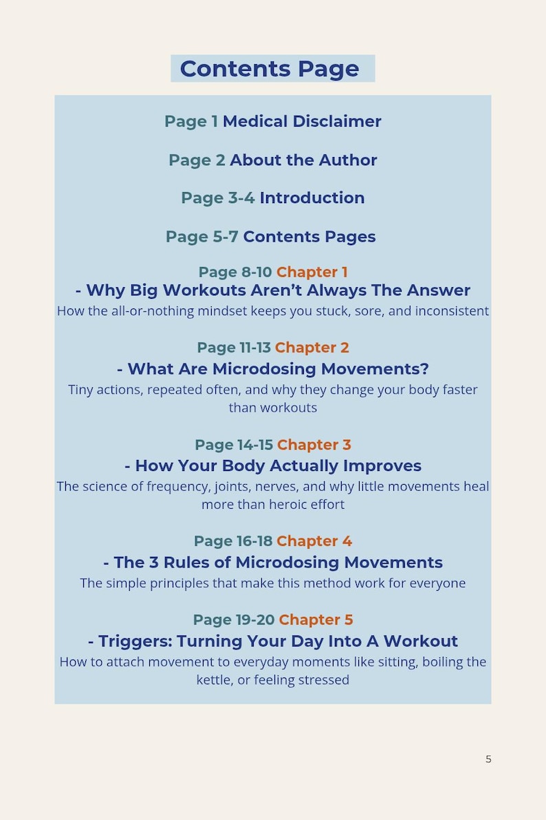 May include: A light blue page from a book titled "Contents Page". The page lists the chapters and topics covered, including medical disclaimers, the author, introduction, and chapters on workouts and movements.