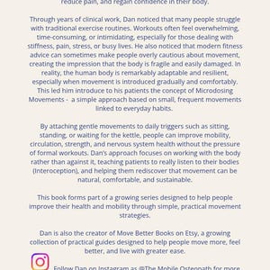 May include: A page titled "About the Author" details Dan Levick, a Registered Osteopath and Movement Specialist. The text explains his approach to movement, health, and mobility, and mentions his Etsy shop.