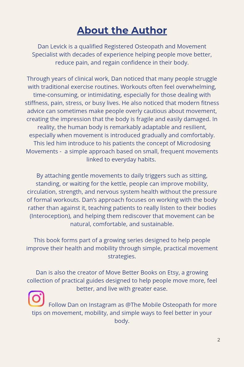 May include: A page titled "About the Author" details Dan Levick, a Registered Osteopath and Movement Specialist. The text explains his approach to movement, health, and mobility, and mentions his Etsy shop.