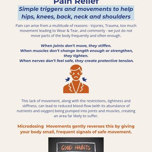 May include: A page from a book discussing "Microdosing Movements for Pain Relief." The text explains how movement can help with pain in hips, knees, back, neck, and shoulders. The image includes the words "Good Habits" and "Good Life."