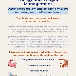 May include: An educational page titled "Microdosing Movements for Energy and Weight Management." It details how small movements improve circulation, metabolism, and mood. Includes illustrations of muscles and blood vessels.
