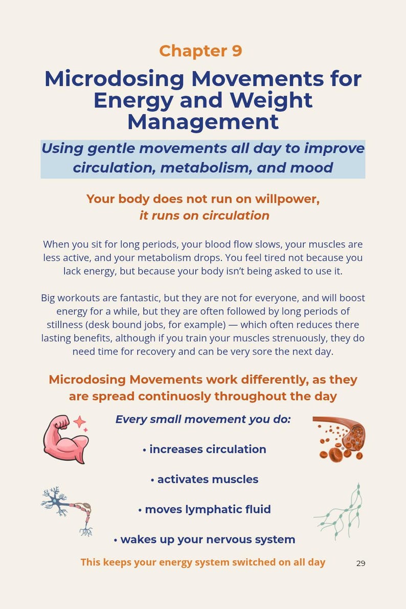 May include: An educational page titled "Microdosing Movements for Energy and Weight Management." It details how small movements improve circulation, metabolism, and mood. Includes illustrations of muscles and blood vessels.